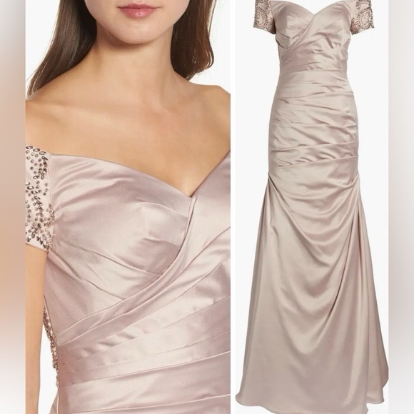 La Femme Dresses & Skirts - Elegant Champagne La Femme Gown with Beaded Sleeves – Size 4
